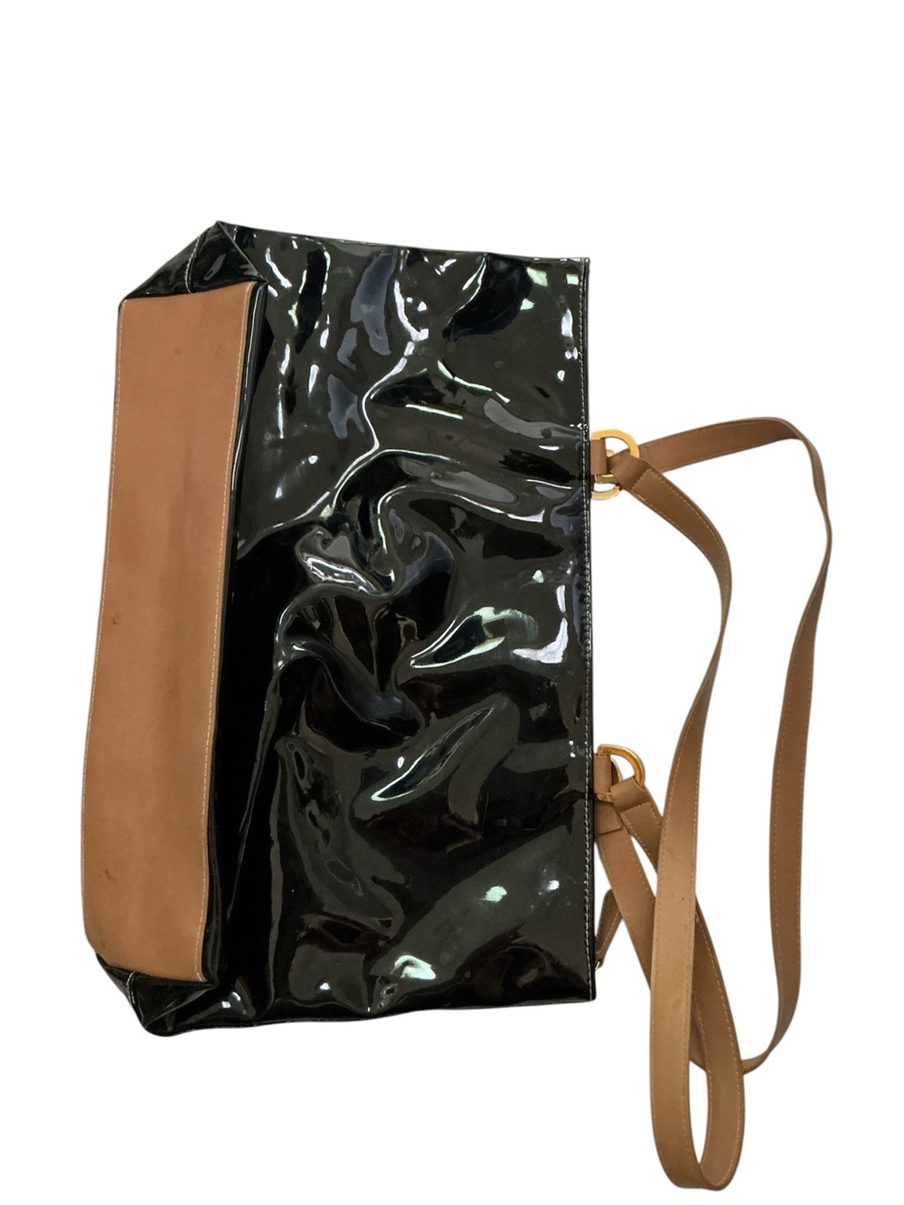 kathy ireland Black Patent Tote with Tan Accent Strap